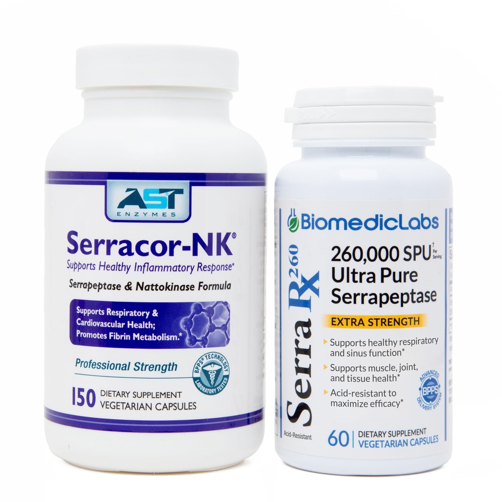Serracor-NK & Serra-RX 260 000 SU - Ensemble de tissus de cicatrice (150 capsules et 60 capsules) - Serrapeptase protéolytique résistante aux acides Enzyme systémique, respiratoire et soutien pulmonaire
