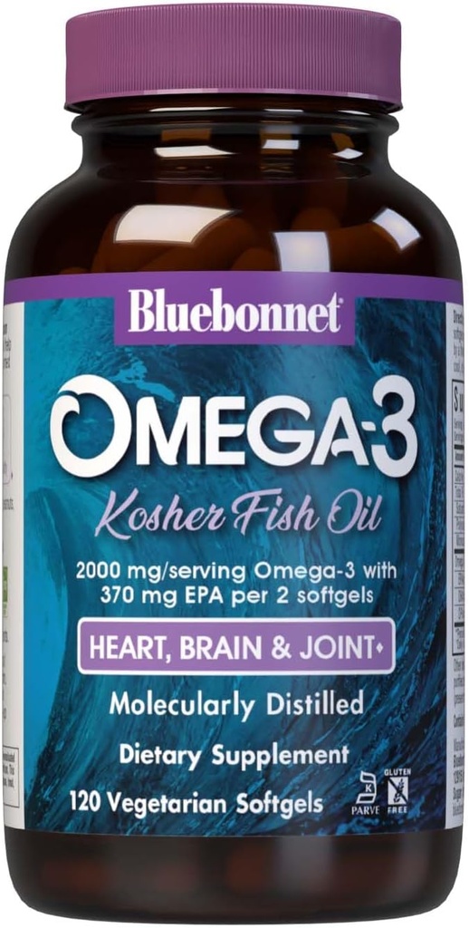 Bluebonnet Nutrition Omega-3 Kosher Huile de poisson, forme de triglycéride naturel, sans gluten, sans produits laitiers, certifié Kosher, non-OGM, 3e partie testée, distillée moléculairement, 120 softgel végétarien, 60 portions