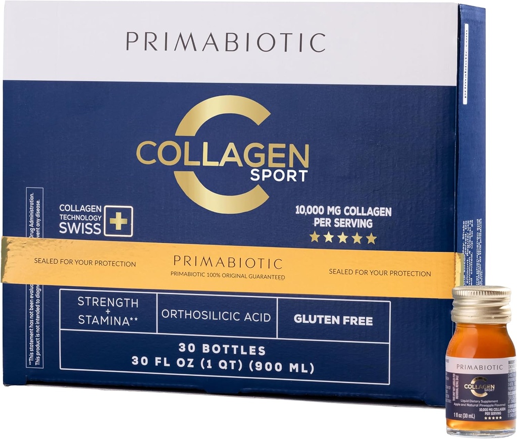 PRIMABIOTIC Collagène liquide Sport- Forte teneur en collagène [10 000 Mg] par service - boisson de collagène hydrolysée et 12 vitamines acide orthosilicique aide la santé osseuse, cheveux, ongles