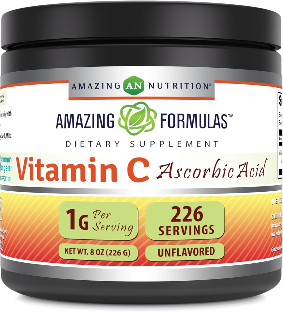 Formules étonnantes Vitamine C (acide ascorbique) Supplément en poudre de 8 oz : 1 gram par portion.