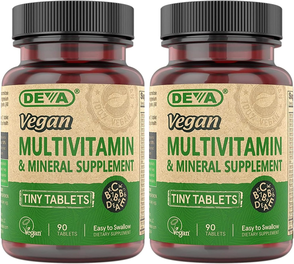 DEVA Tiny Tablets Vegan Multivitamin for Women & Men 2-Pack with Iron, Vitamin C, E, B Complex Vitamins, Zinc, 90 Tablets Each