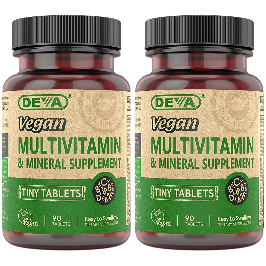 DEVA comprimés minuscules Multivitamine végétalienne pour les femmes et les hommes 2-Pack avec fer, vitamine C, E, B vitamines complexes, zinc, 90 comprimés chacun