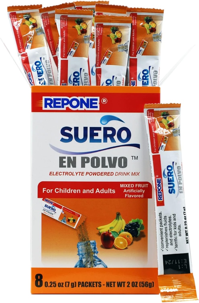 REPONE SUERO Solution de poudre d'électrolyte Arôme de fruits, 8 emballages Oz, 1 boîte avec 8 emballages.