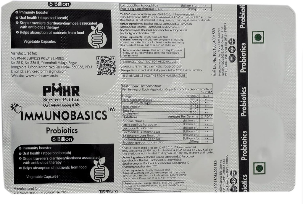 Pro and Prebiotic 6 Billion CFU Capsules | It Contains L. Acidophillus, L. Rhamnosus, L. paracasei, L. Returi, Saccharomyces Boulardii, Bacillus Clausii and FOS for Gut Health.