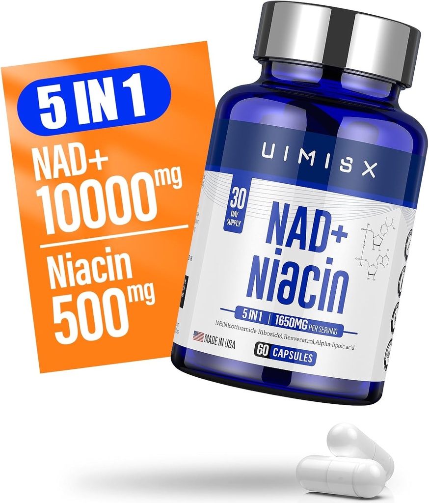 Supplément NAD+ 1000mg & Niacine(Vitamine B3) 500mg, Supplément Nad Plus pour la femme et l'homme, le Riboside de Nicotinamide (NR) soutient l'anti-âge, l'énergie, le cerveau, le muscle, non-OGM, sans gluten,74