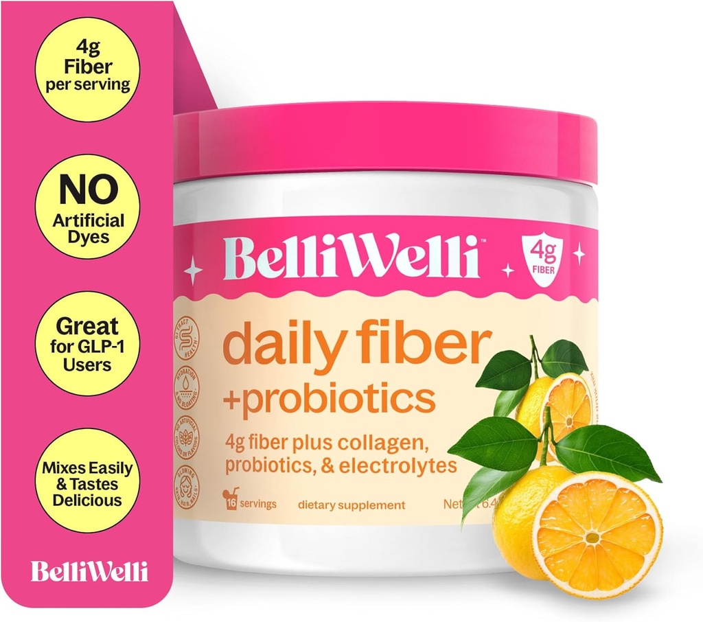 Supplément de fibre BelliWelli pour les femmes et les hommes – Poudre de fibre quotidienne premium de l'acacia biologique avec collagène ajouté, électrolytes et probiotiques – Pas de bloat, Constipation et Gut Health Support (Orange Yuzu)