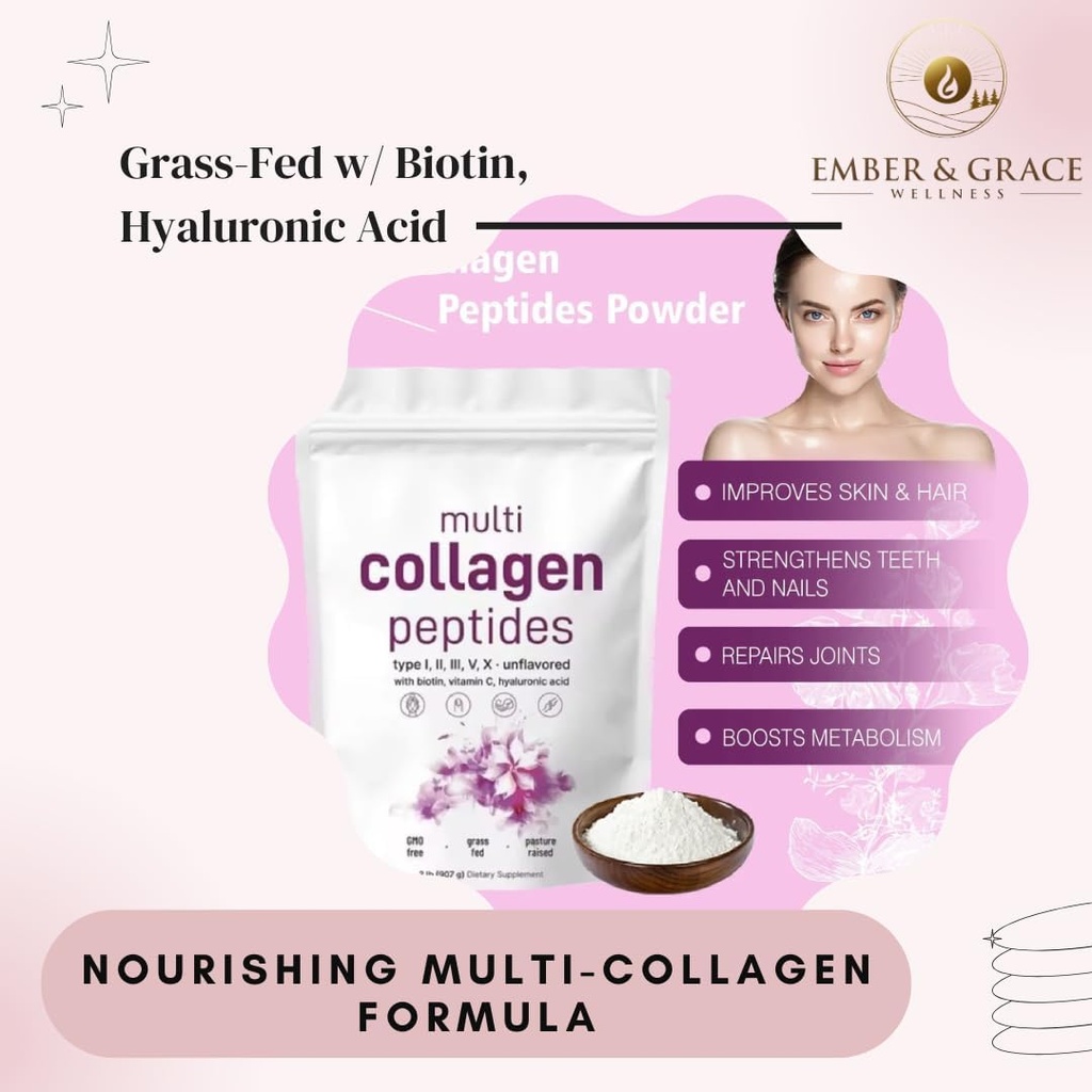 Ember & Grace Wellness Poudre de protéines multicollagènes – Type I,II,III,V,X avec biotine, acide hyaluronique, vitamine C – Peptides de collagène non aromatisés – Keto & Paleo Friendly, Easy Dissolve, Non-OGM