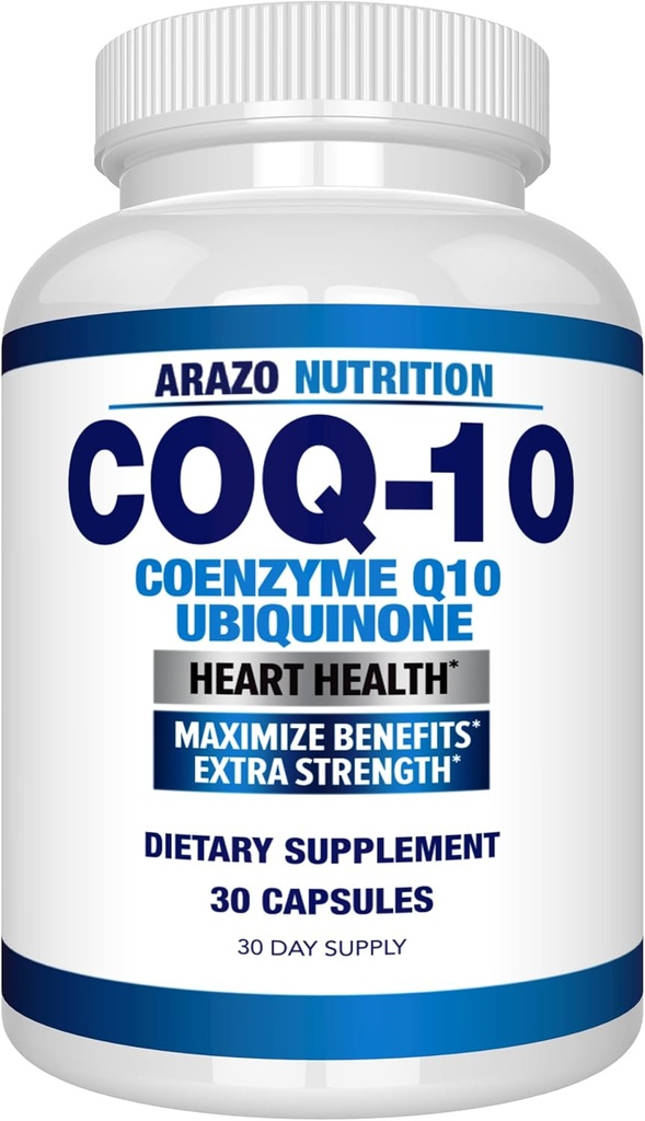 Arazo Nutrition CoQ10 Ubiquinone Coenzyme Q10-200mg Résistance maximale Supplément nutritionnel - Capsules à absorption élevée sans soja