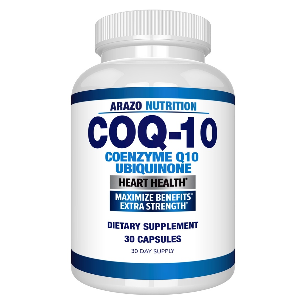 Arazo Nutrition CoQ10 Ubiquinone Coenzyme Q10-200mg Résistance maximale Supplément nutritionnel - Capsules à absorption élevée sans soja