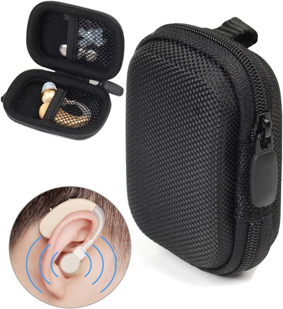 Boîtier de protection conçu pour les appareils auditifs, amplificateur auditif, amplificateur sonore personnel, appareil auditif, appareil d'écoute, mini-cas fort avec poche en mesh, design universel (Ballistic Black)