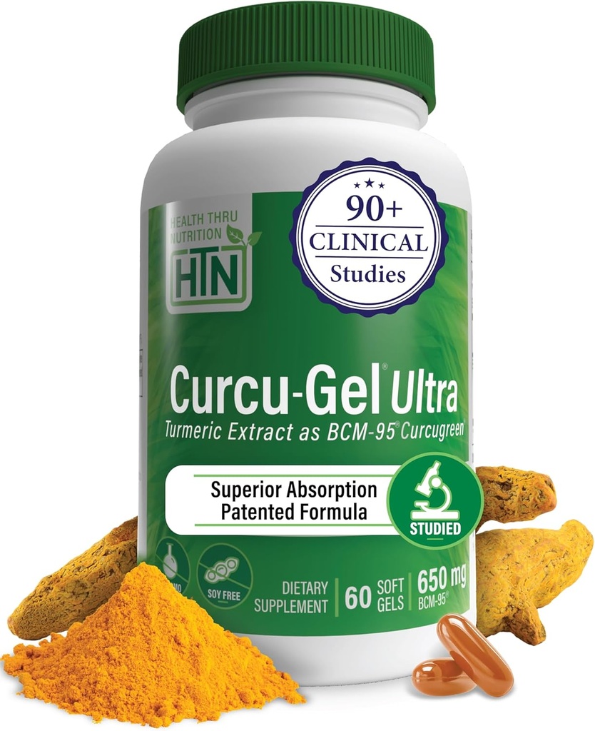 Santé Thru Nutrition Curcu-Gel 650mg BCM-95® Curcugreen Curcumin curcuma fortement absorption Réponse à l'inflammation saine Réplique cliniquement étudiée 3ème partie testée Exclusion non-OGM (paquet de 60)