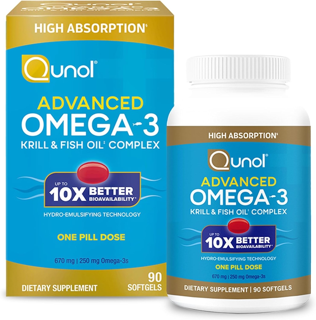 Qunol Advanced Omega 3 Krill and Fish Oil Complex, 10x Meilleure biodisponibilité, une dose de pilule, 250mg EPA & DHA, soutient la santé cérébrale, oculaire, cardiaque et articulaire, 90 Compte (paquet de 1)