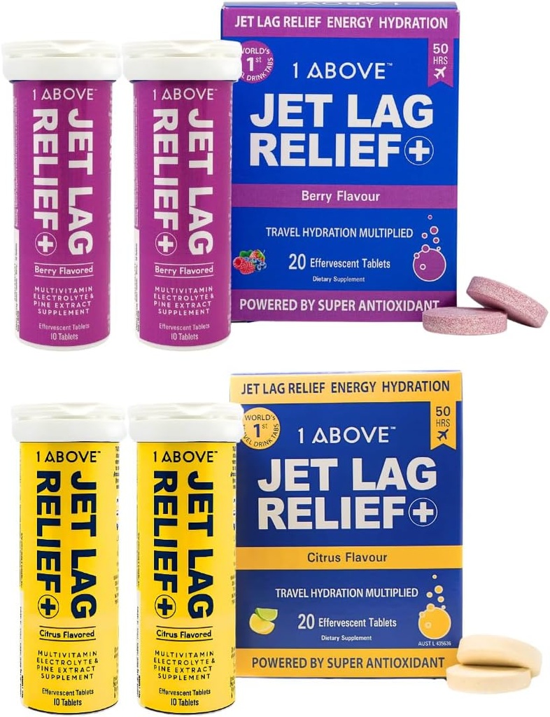 1ABOVE Jet Lag Relief Effervescent Multivitamine avec supplément de voyage Pycnogenol pour l'hydratation, l'énergie, le soutien immunitaire et la récupération plus rapide - Vol essentiel - Citrus 20 Comte et Berry 20 Comte