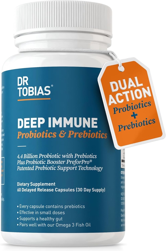Dr Tobias Probiotiques et prébiotiques à immune profonde, Digestion double action et soutien immunitaire avec PreforPro Prébiotiques et spore à libération différée formant des probiotiques pour les femmes et les hommes, 60 capsules, 30 portions