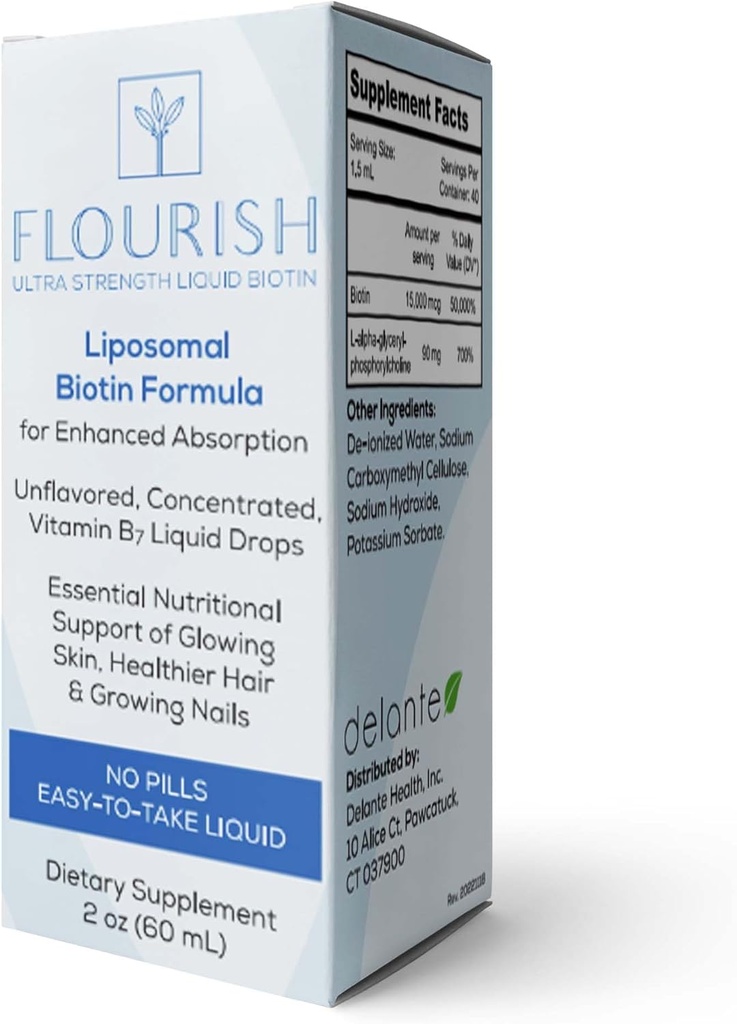 Solace Nutrition - Biotine Flourish Vitamines des cheveux, de la peau et des ongles, suppléments de vitamine liquide avec vitamine B7, supplément de croissance des cheveux non aromatisés, vitamines de biotine ultra-résistantes, 15 000 mcg, 2fl oz