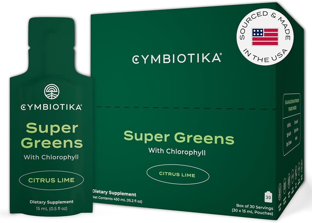 Supplément CYMBIOTIKA Super Greens avec Chlorophylle, Spiruline, Packs de superaliments véganes quotidiens pour la santé des gourdes digestives, la détox, l'énergie et le soutien immunitaire, Arôme Lime d'agrumes, 15 ml Pouches, 30 Pack