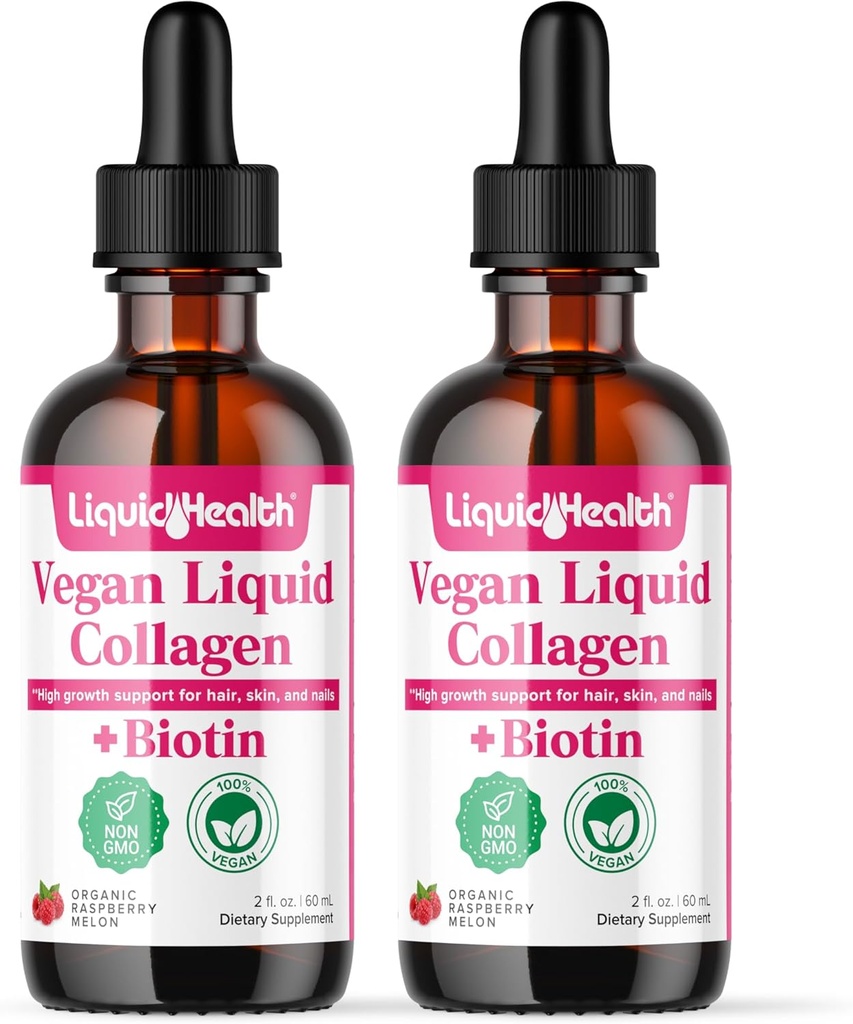 LIQUIDHEALTH 100% Vegan Collagen Plus Biotin 100,000mcg Liquid Drops - Plant-Based Liquid Collagen for Women & Men - Hair & Nail Growth, Skin Health, Boosts Metabolism - Made in USA, Non-GMO (2 Pack)
