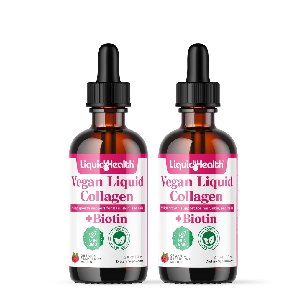 LIQUIDHEALTH Collagène 100% végétalien Plus Biotine 100 000mcg gouttes liquides - Collagène liquide à base végétale pour les femmes et les hommes - Croissance des cheveux et des ongles, santé de la peau, stimule le métabolisme - Fabriqué aux États-Unis, Non-OGM (2 Pack)