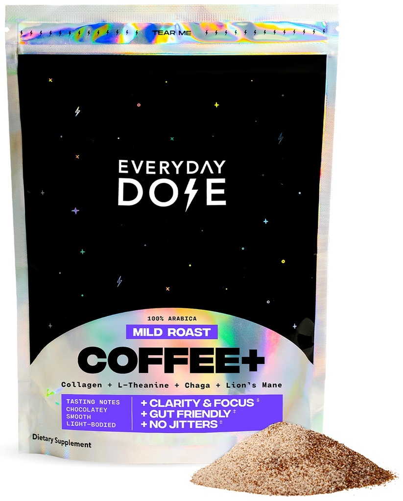 Dose quotidienne Premium Café de champignons adaptogènes avec collagène gazonné, Chaga, Lions Mane & L-Theanine pour une meilleure concentration, énergie, digestion, peau et immunité 30 portions