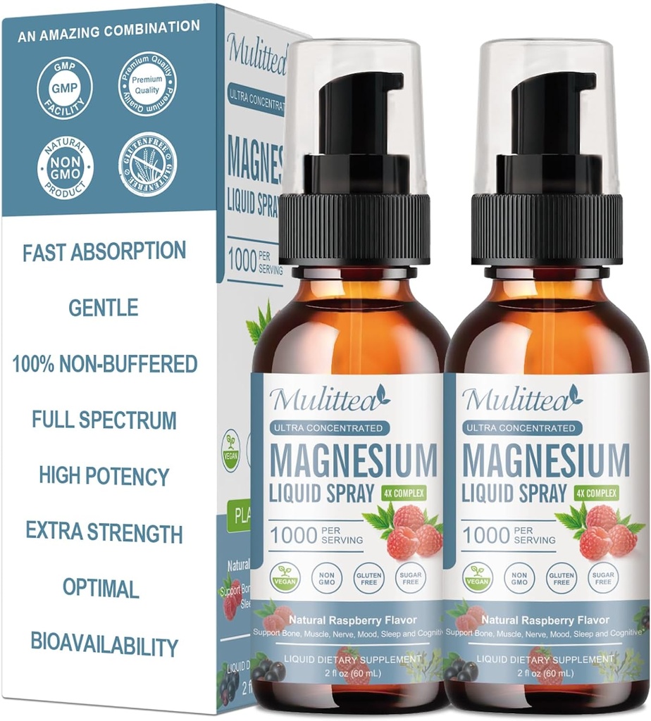 Magnésium Glycinat liquide avec Citrate, Taurate, Malate-Magnésium complexe gouttes Spray avec/Potassium L-Theanine-haute absorption -Vegan, sans sucre, 2 Fl.oz