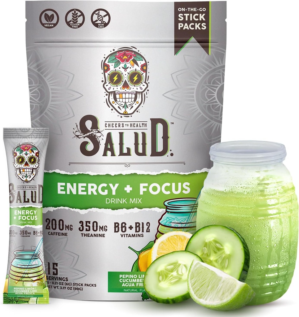 Salud 2-en-1 Poudre de boisson énergisante + Focus, Lime de concombre, Caféine biologique, B6 + B12, Théanine, Paquets de boisson énergisante propre, Agua Fresca Mix, Non-OGM, Sans gluten, Vegan, 1g de sucre, (15 portions)
