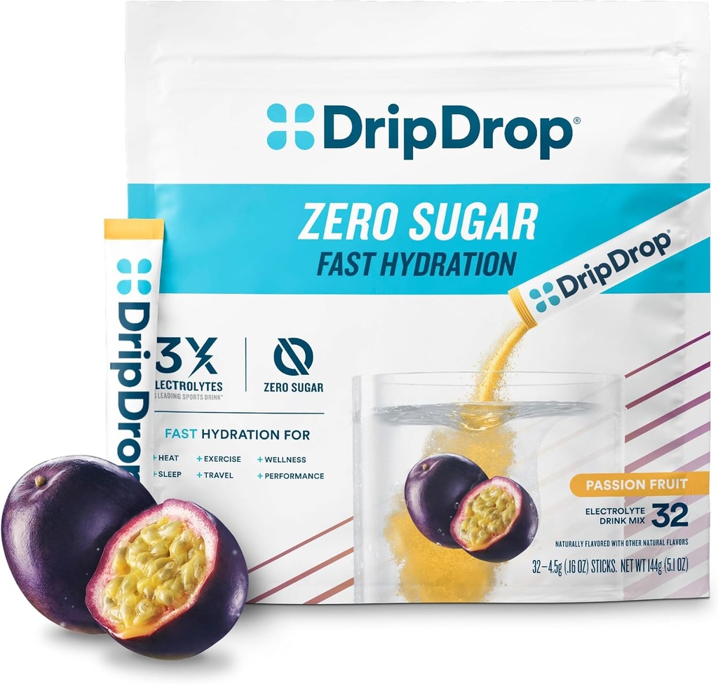 Sacs d'hydratation sans sucre DripDrop - Zero Passion Fruit - Mélange de poudre d'électrolytes à usage unique - Non-OGM, sans gluten, végétalien - 32 bâtonnets