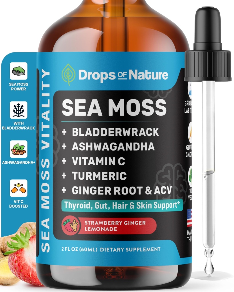 Ashwagandha & gouttes liquides curcuma - Vitamine C, Moss de mer, vinaigre de cidre de pomme, Bladderwrack - gouttes liquides végétaliennes pour le bien-être complet et l'immunité vitale (Lémonade au gingembre de Strawberry, 60mL)