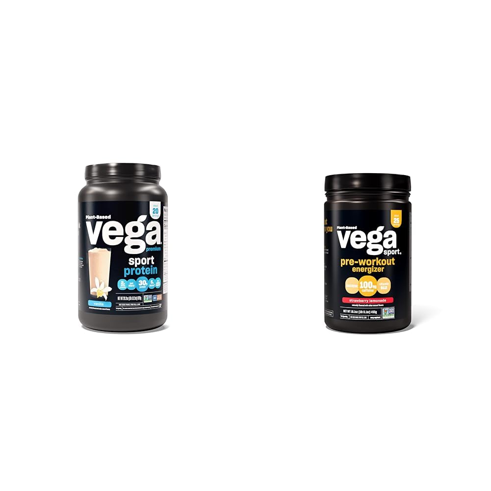 Vega Premium Protéine Vanille Protéine Poudre, Vegan, Non OGM & Sport Pré-entraînement Energizer, Lémonade de fraise - Pré-entraînement Poudre