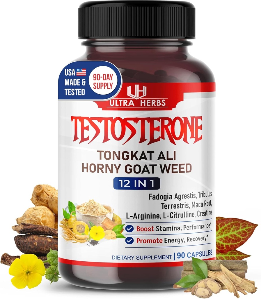 Ultra Test Capsule 12 en 1 Complexe avec L-Arginine, Fadogia Agrestis, Tribulus Terrestris, Maca Root, Beetroot, L-Citrulline, Creatine - USA Made (90-Day Supply)