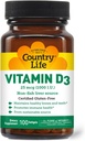Pays Vie Vitamine D3, Non-Pois 1000 UI, 100 softgels, Certifié sans gluten