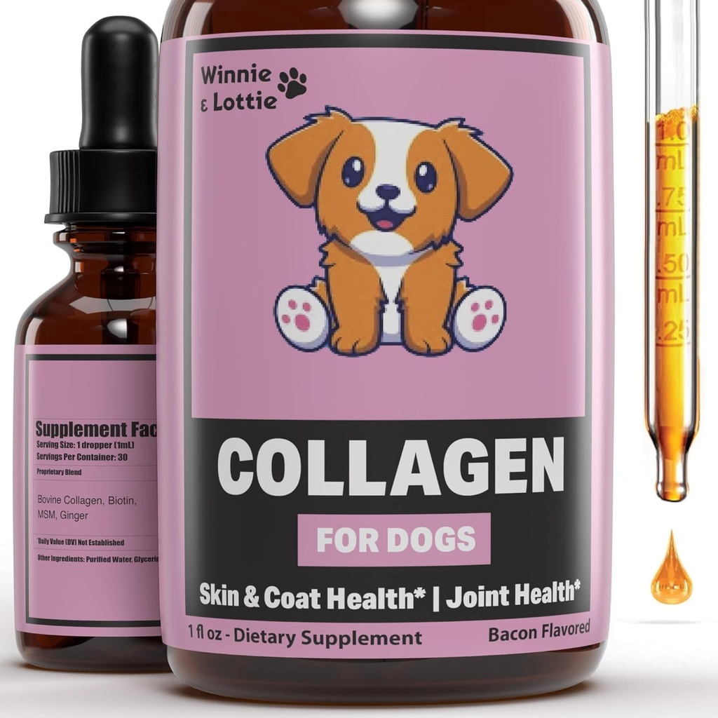 Collagène pour chiens - Collagène liquide pour chiens - Supplément de peau et de manteau pour chiens - Collagène liquide pour chiens - Collagène pour chiens - Gouttes de collagène pour chiens - Collagène pour chiens - Collagène pour chiens - 1 fl oz - Bacon Flavor