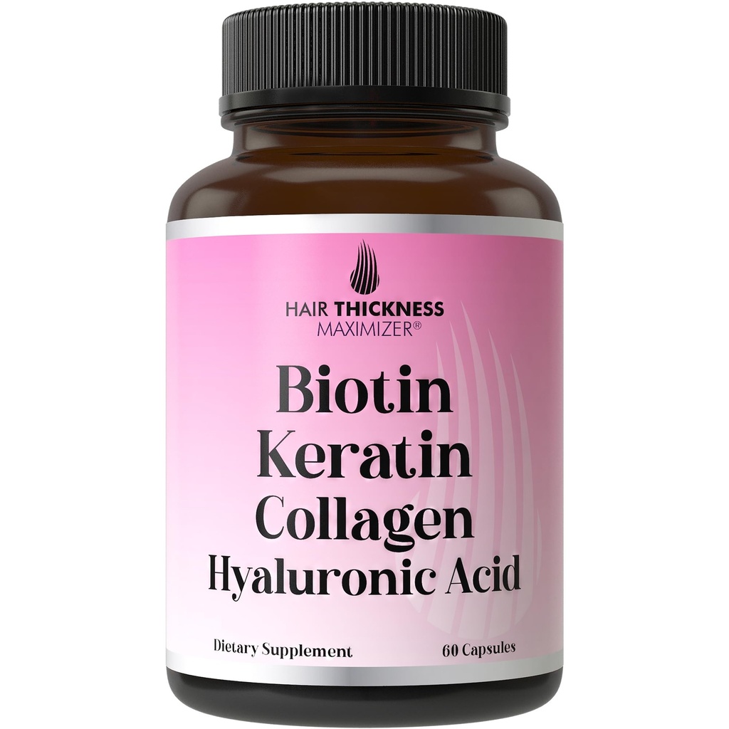 Biotine + Keratine + Collagène marin + Acide hyaluronique, 4-en-1 Vitamines de croissance capillaire avec 10000mcg Capsules de biotine, Complexe épaississant pour les femmes et les hommes avec peaufinage