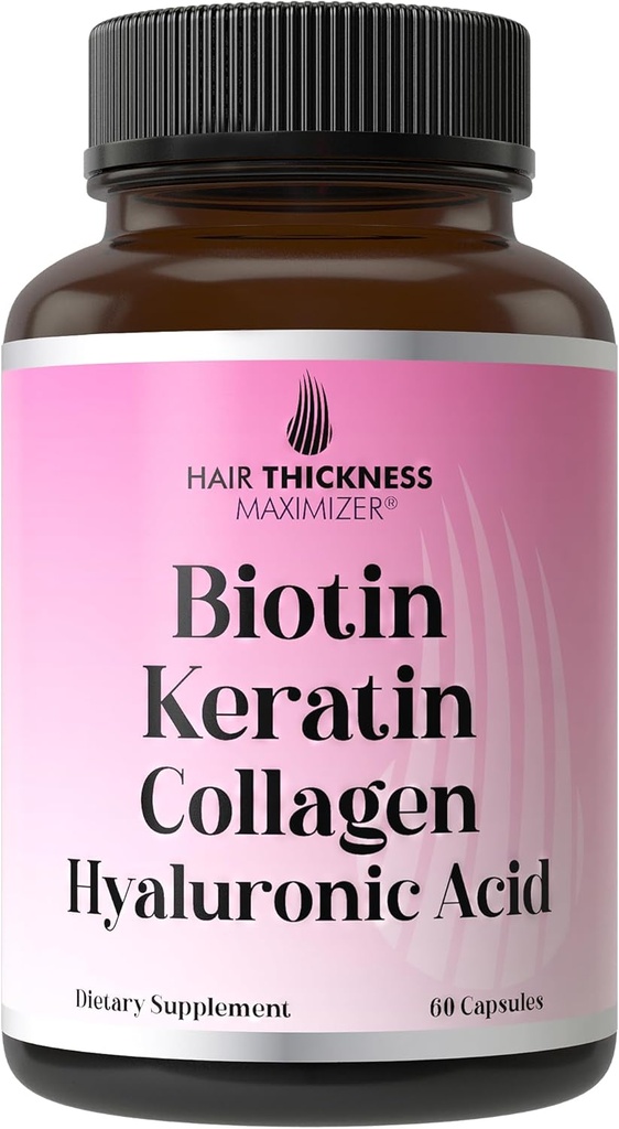 Biotine + Keratine + Collagène marin + Acide hyaluronique, 4-en-1 Vitamines de croissance capillaire avec 10000mcg Capsules de biotine, Complexe épaississant pour les femmes et les hommes avec peaufinage