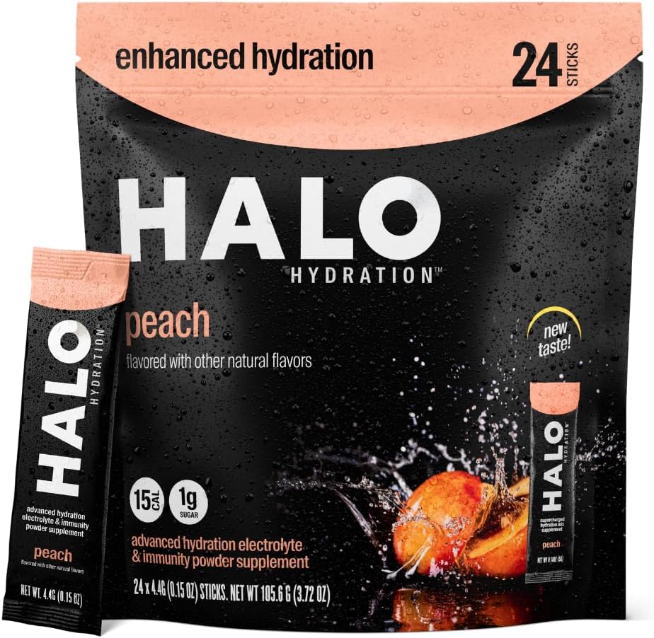 Halo Hydratation Powder Packets Electrolytes – Pêche - 24 portions (5g chacune) - Boissons d'hydratation biologique avec faible sucre + Vitamines essentielles + Minéraux - Vegan