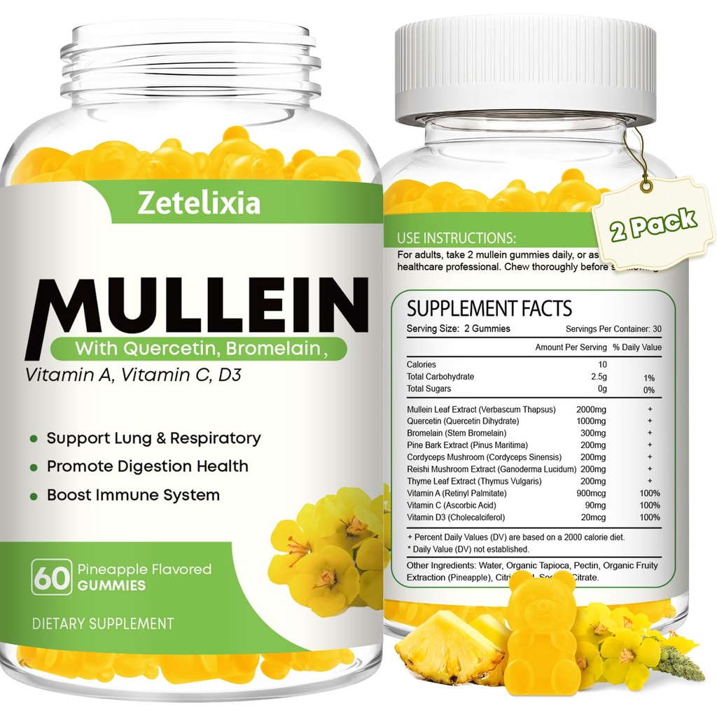 Gummies de Mullein pour les poumons clairs, 10 extraits de feuille de Mullein en 1 pour les poumons, Gummies de Mullein Quercetin pour le nettoyage des poumons, respiratoire, immunitaire, goût d'ananas, 120 comte