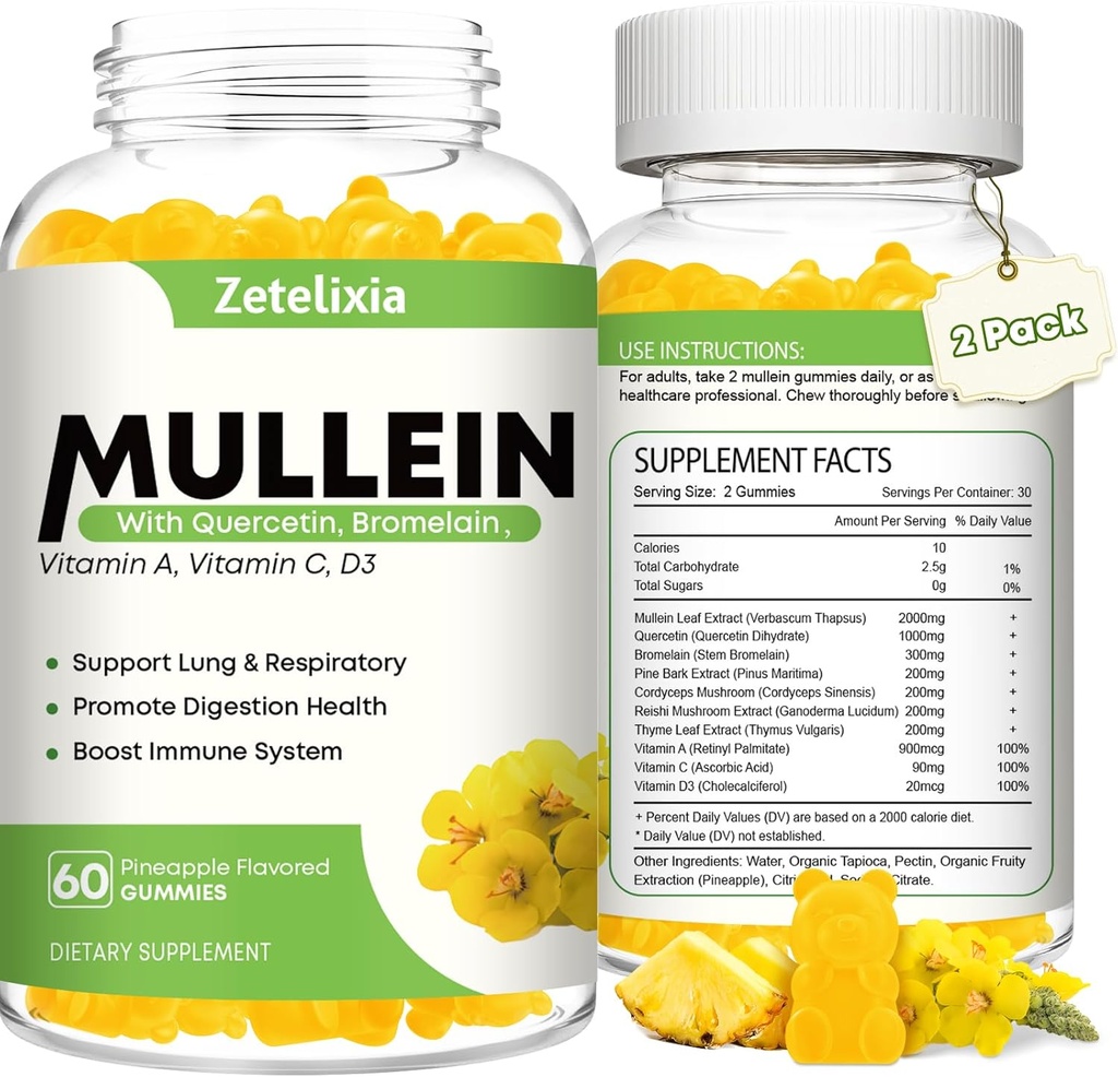 Gummies de Mullein pour les poumons clairs, 10 extraits de feuille de Mullein en 1 pour les poumons, Gummies de Mullein Quercetin pour le nettoyage des poumons, respiratoire, immunitaire, goût d'ananas, 120 comte