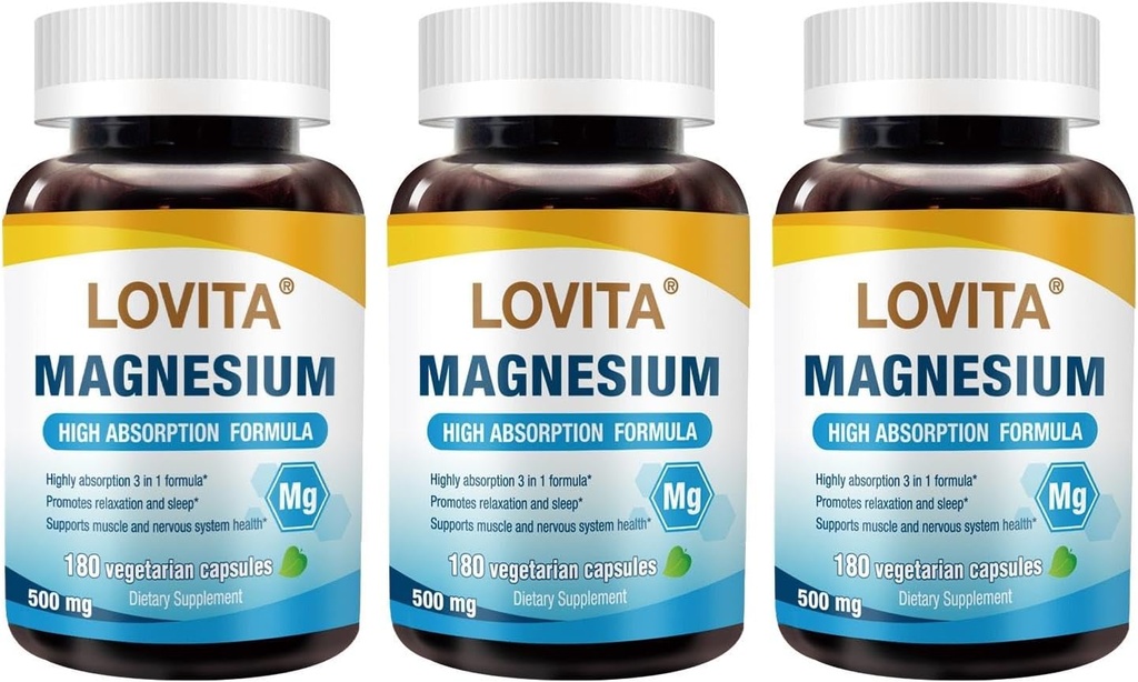 Lovita Triple Magnésium Complex 500mg, Formule haute absorption et puissance, Glycinat, Citrate et Oxyde, Soutien Sommeil, Relaxation, Coeur, Nerves et Bone Health, 180 Capsules Vegan (Pack de 3)