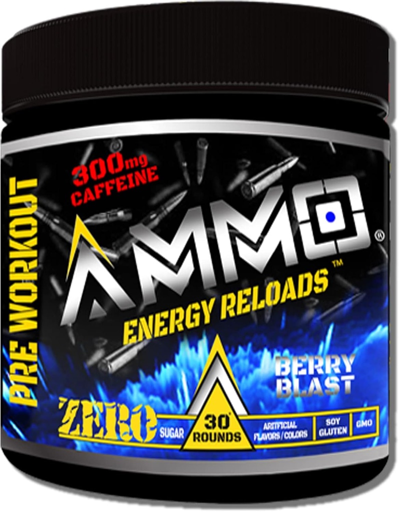 AMMO ® Energy ReloadsTM Pre Workout Powder - 300mg Caféine Zéro sucre Aminos vitaux et électrolytes Pas d'arôme ou de couleurs artificiels (Berry Blast)
