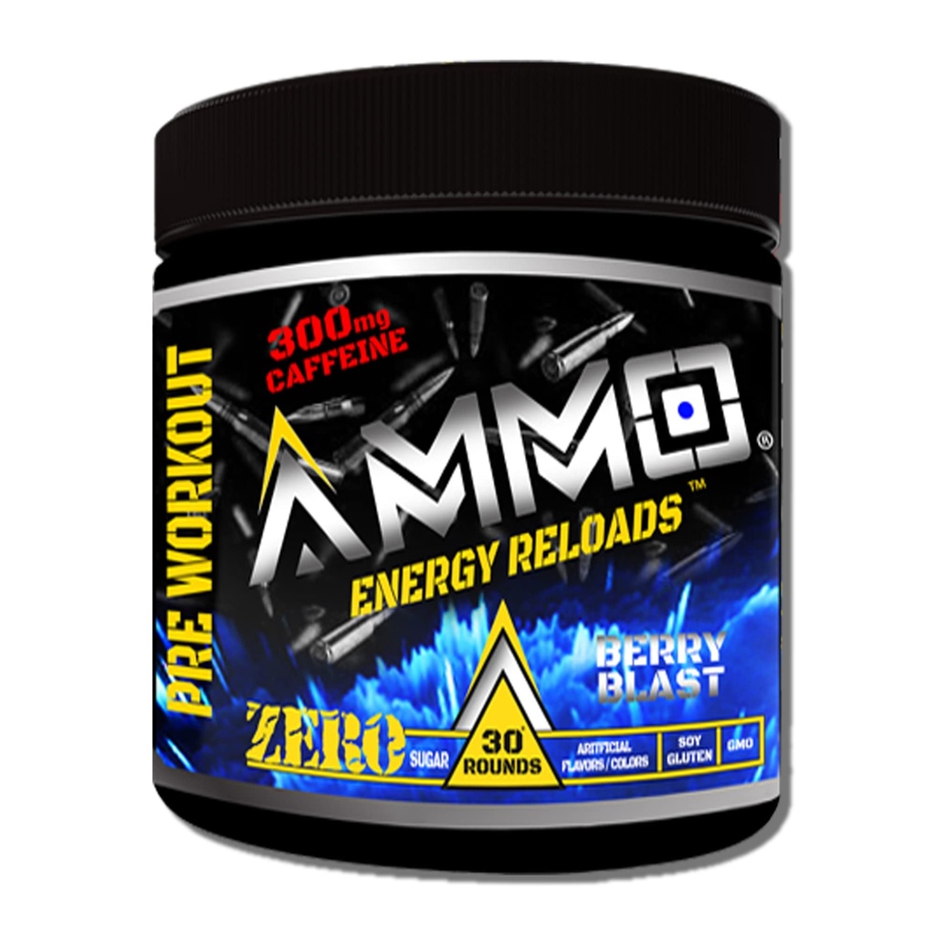 AMMO ® Energy ReloadsTM Pre Workout Powder - 300mg Caféine Zéro sucre Aminos vitaux et électrolytes Pas d'arôme ou de couleurs artificiels (Berry Blast)