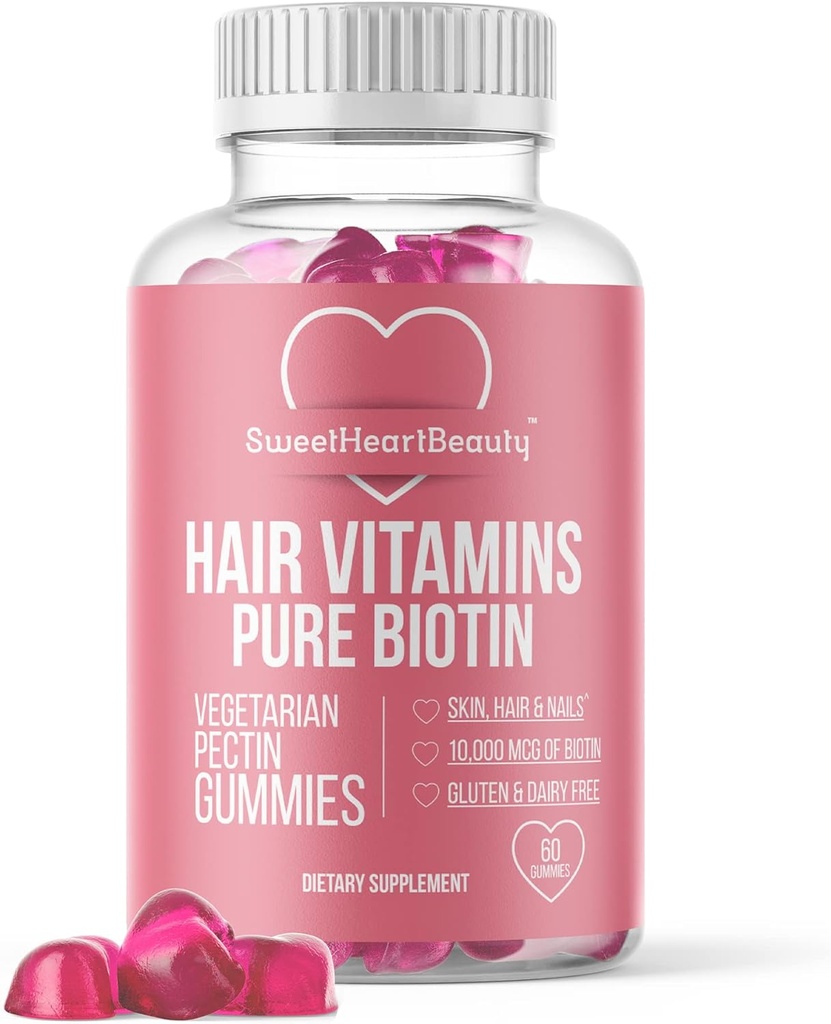 Biotin 10000mcg Gommies by Sweetheart Beauty - Gommies Biotin pour la peau et les ongles des cheveux pour les femmes, les hommes et les enfants - Vitamine capillaire Gommy - Vegan, non-OGM, 60 Biotine Chewables pour une croissance plus rapide des cheveux
