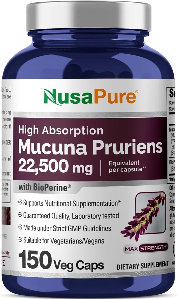 NusaPure Mucuna Pruriens 50:1 Extract, 450 mg Equivalent to 22,500mg 150 Veggie Caps (Non-GMO, Vegan, Gluten Free, Bio-Perine)