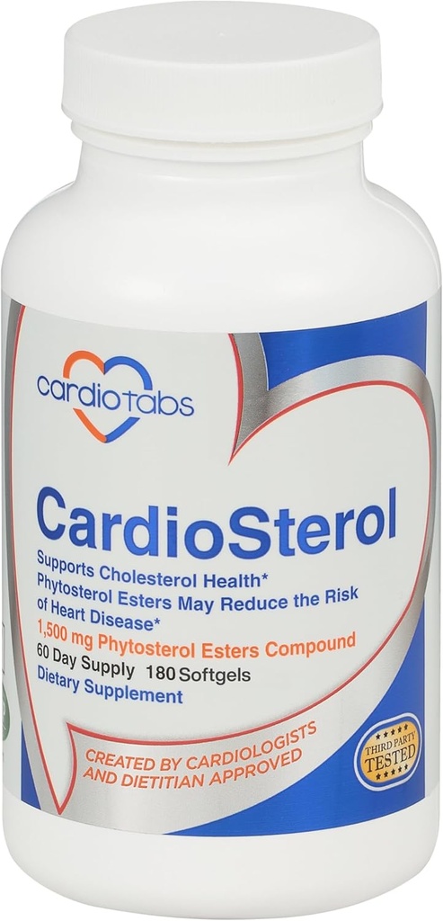 CardioSterol, 1,5 gramme d'esters phytostérols à base végétale plus huile de poisson, supplément de soutien du cholestérol, contient des tocophérols mélangés, supplément de stérols végétaux - 60 jours d'approvisionnement - 180 Softgels