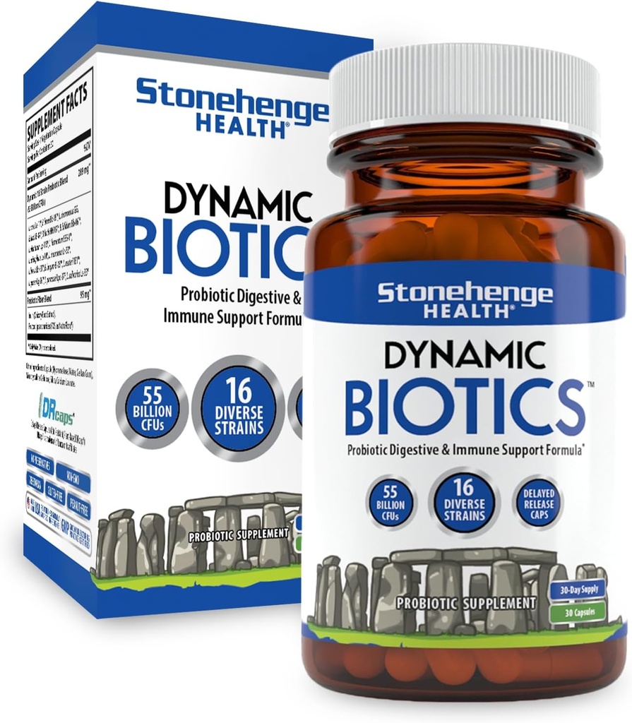 Stonehenge Probiotiques de santé 55 Million CFU - 16 Straines, Prébiotiques, Synbiotiques Biotiques Dynamiques - Lactobacillus Acidophilus, Libération retardée, Étagère stable, Non-OGM Gélule sans gluten Gélule