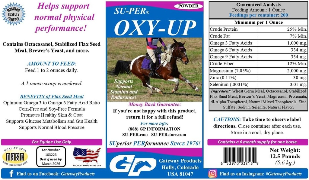 SUPER Oxy-Up Performance Horse Supplement - soutient l'endurance normale et l'endurance - Extrait de germe de blé, vitamines complexes B, magnésium - 12,5 livres, 6 mois d'approvisionnement