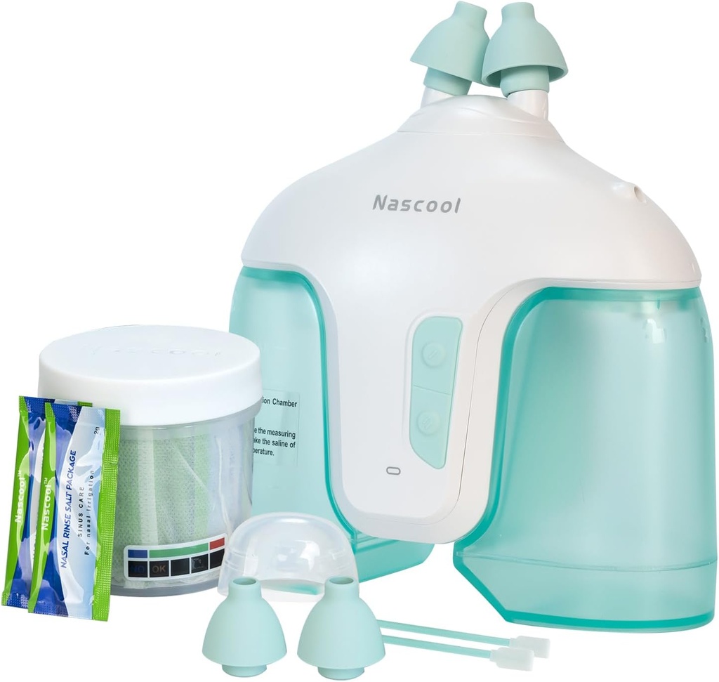 Système d'irrigation nasale électrique avec 50 paquets de sel, 2 modes Nez Nettoyeur avec auto-nettoyage et fonction de collecte des déchets pour le runny sinus, congestion nasale, démangeaisons Nez(vert)