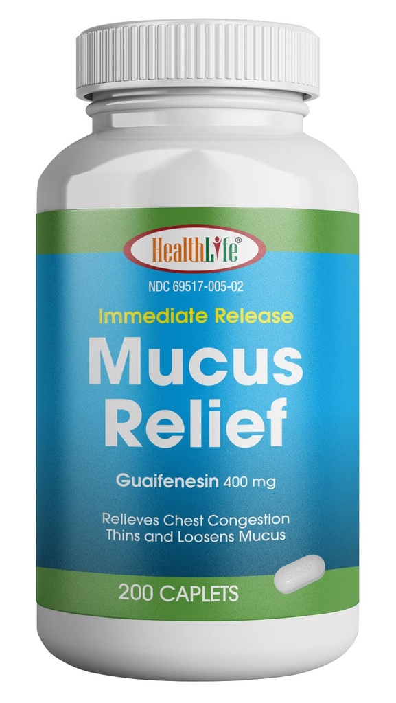 HEALTH LFE Mucus Relief Guaifenesin Caplets 400 mg, Immediate Release Fast Acting Expectorant, Thin and Loosens Mucus, Relieves Chest Congestion, Cough, Cold and Flu (Medium, 200 Count)