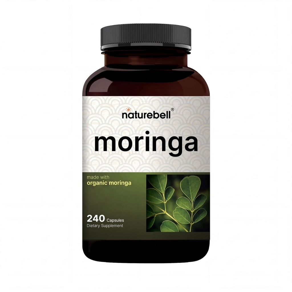 NatureBell Pure Moringa Capsules, 240 capsules – Green Superfood, Skin Health, & Immune Support – Non-OGM, sans gluten, 4 mois d'approvisionnement