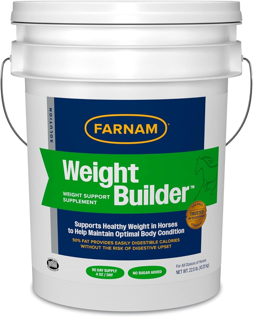 Farnam Weight Builder Supplément de soutien pour chevaux, aide à maintenir le poids optimal et l'état du corps, 22,5 lb., 90 jours d'approvisionnement
