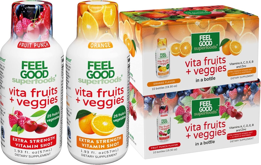 FeelGood Superfoods Vita Fruits et légumes Immune Support Suppléments de prise de vue, 25 Fruits et légumes biologiques, prêt à boire Immunity Booster, 10 Orange et 10 Fruit Punch Flavor, Combo Pack de 20