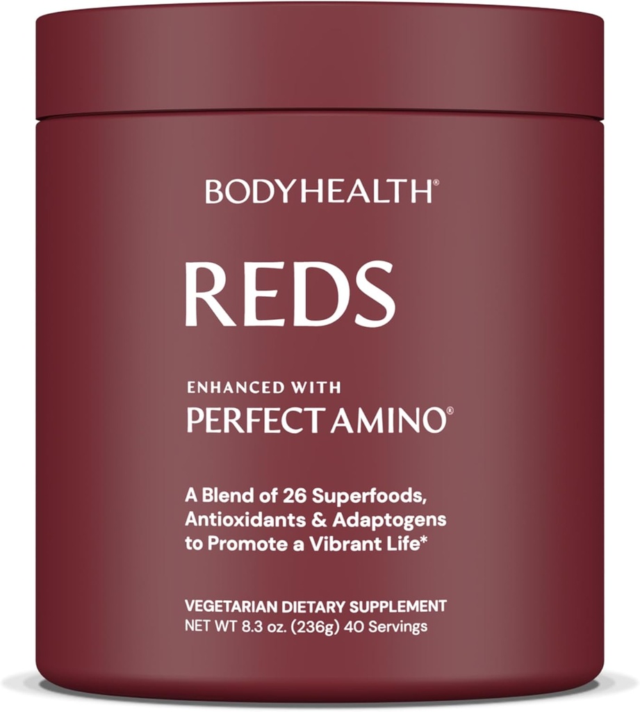 BodyHealth Reds Enhanced with PerfectAmino - Poudre quotidienne de smoothie Superfood avec des antioxydants, des adaptogènes, des phytonutriments, des fruits, des prébiotiques, des probiotiques, des fibres et des protéines - 40 portions